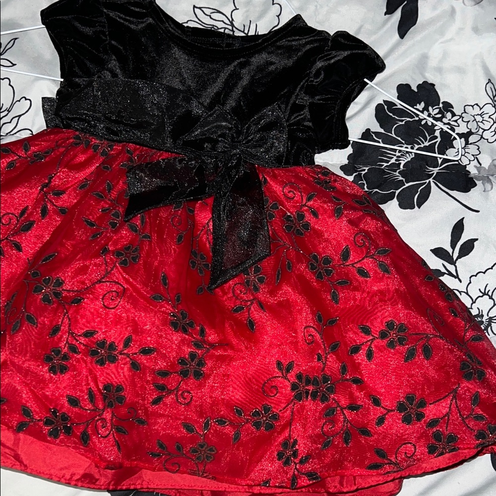 Rare Editions Black and Red Kids Dress with Floral Design